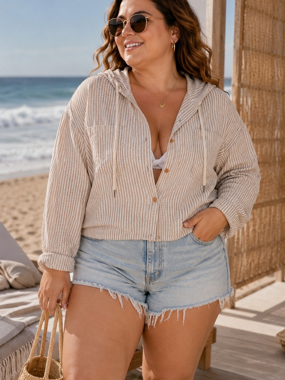 Beige & White Striped Hooded Beach Cover-Up Button Front Top Fits Size 14/16 New
